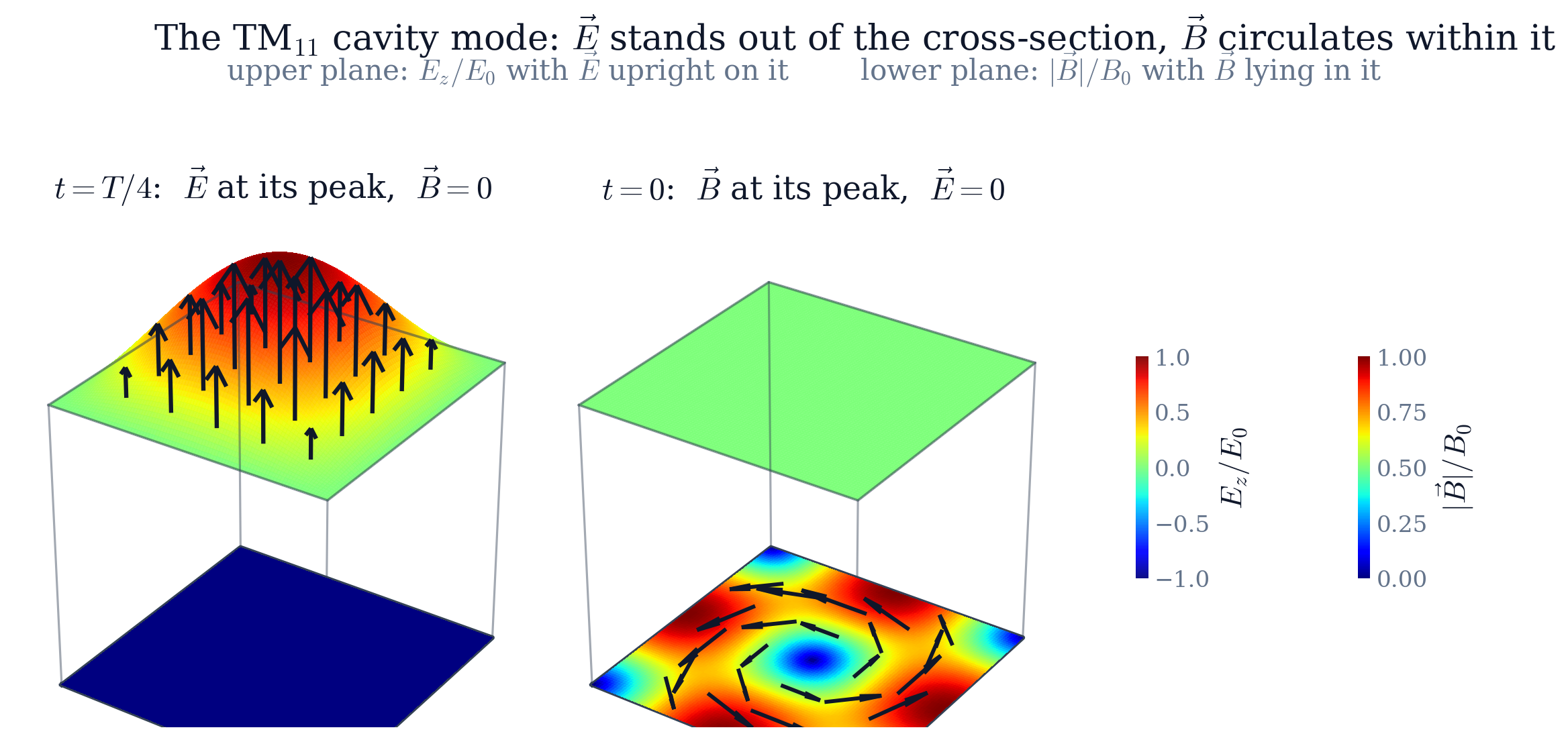 The TM11 cavity mode, drawn twice: at t = T/4, when E is at its peak and B has vanished, and at t = 0, when the reverse holds. In each panel the upper coloured surface is Ez/E0 over the cross-section, with the upright arrows showing E itself running from the plane up to that surface; the lower plane carries |B|/B0 on the same colour map, with arrows giving its direction. Ez is largest at the centre and vanishes on all four walls, as the conducting boundary requires, while B vanishes at the centre and is largest at the wall midpoints — the two fields are out of step in space as well as in time. That neither panel is busy in both halves at once is the quarter-period phase shift, seen directly.