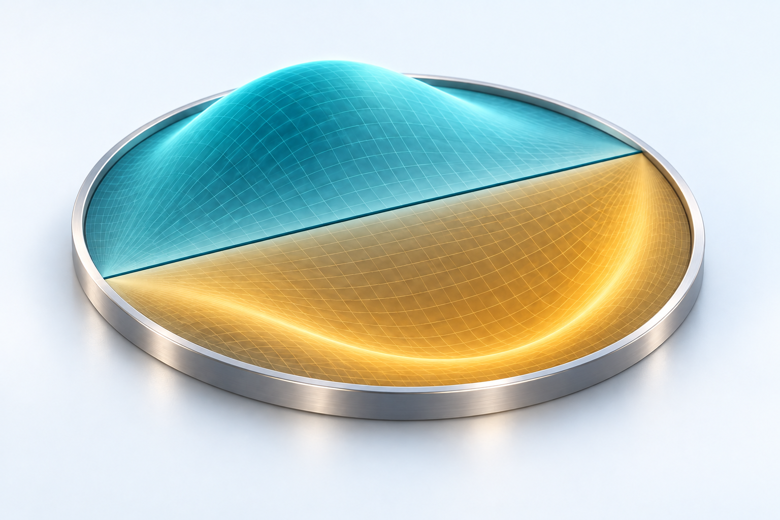 Three-dimensional illustration of a circular membrane fixed at its rim, with a teal crest and amber trough separated by a straight nodal diameter.